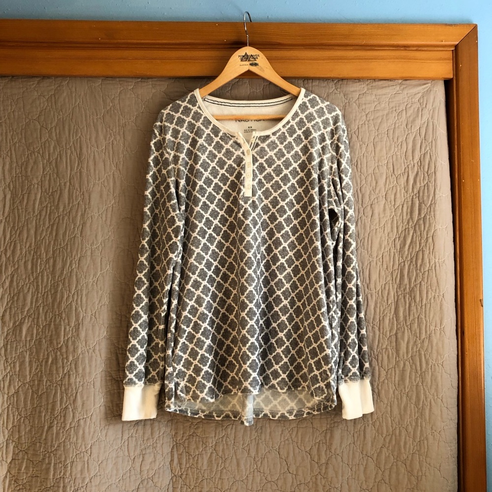 Nautica Micro Fleece Pajama Long Sleeve Shirt Grey Trellis Women's Size M